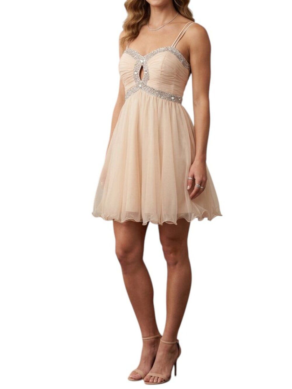 Nox Anabel Rhinestone Sequin Chiffon Homecoming Dress Champagne L